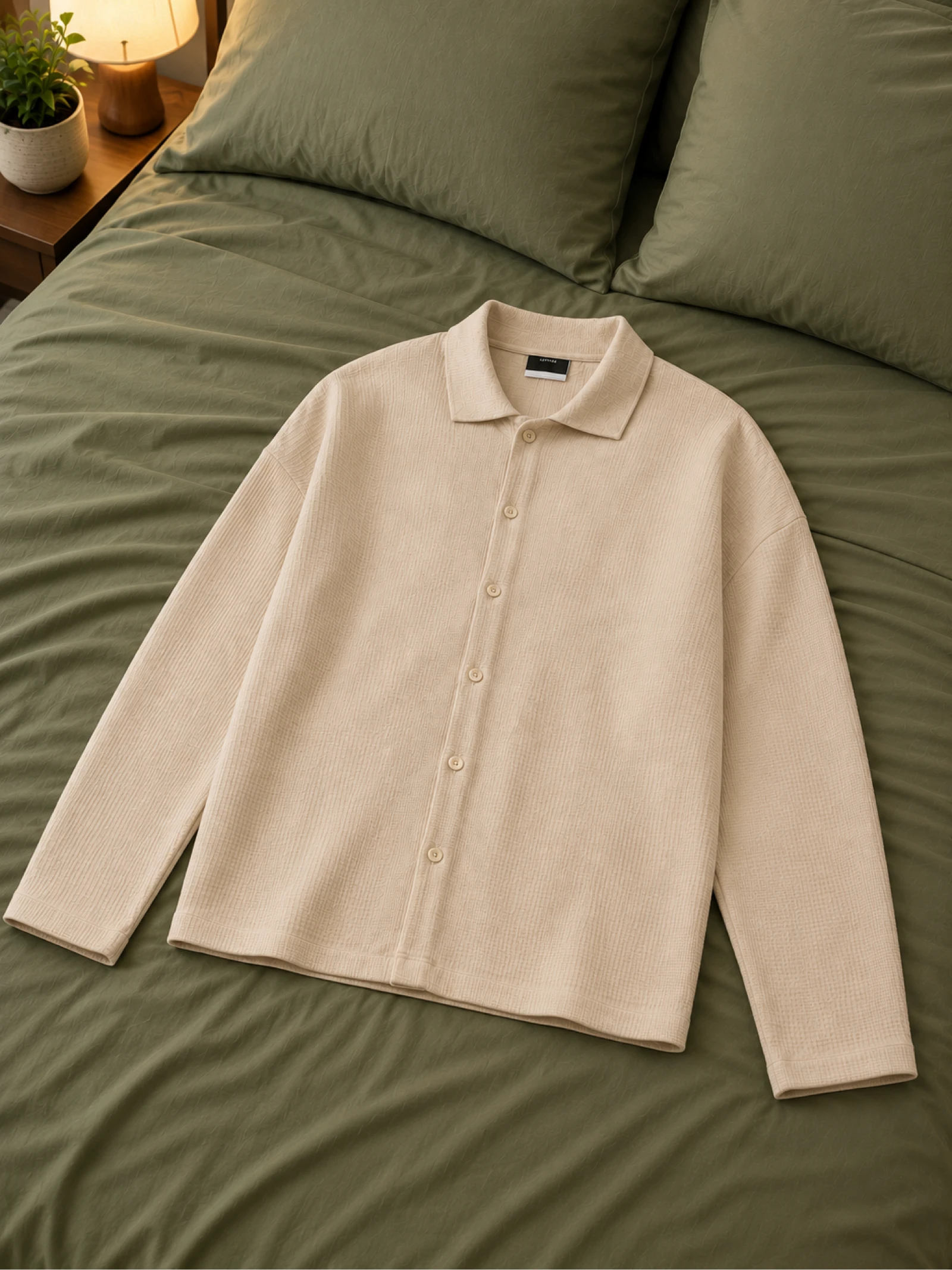 Camisa Texturizada Beige de Manga Larga Hombre 